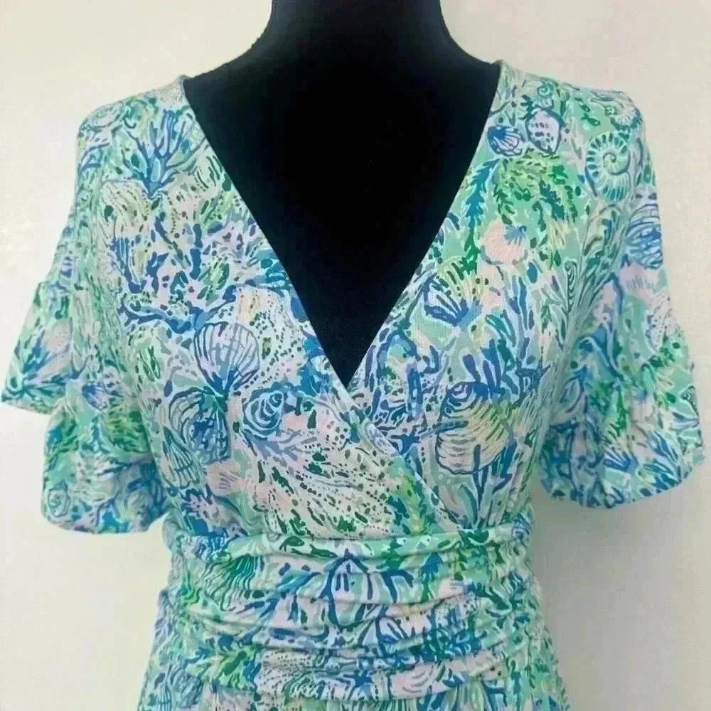 Lilly Pulitzer Midi Wrap Dress Blue Green Floral Butterfly Sleeve Smocked Waist - Picture 7 of 8